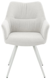 Moderner Armlehnstuhl in hellem Stoffbezug, Vorderansicht