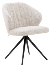 Moderner Armlehnstuhl mit hellgrauem Stoffbezug und schwarzen Metallbeinen, seitliche Perspektive