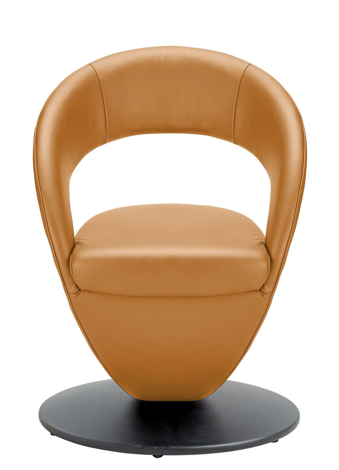 Moderano Sessel MEDINO Moderner, brauner Ledersessel mit runder Rückenlehne und schwarzem Sockel, Frontalansicht.