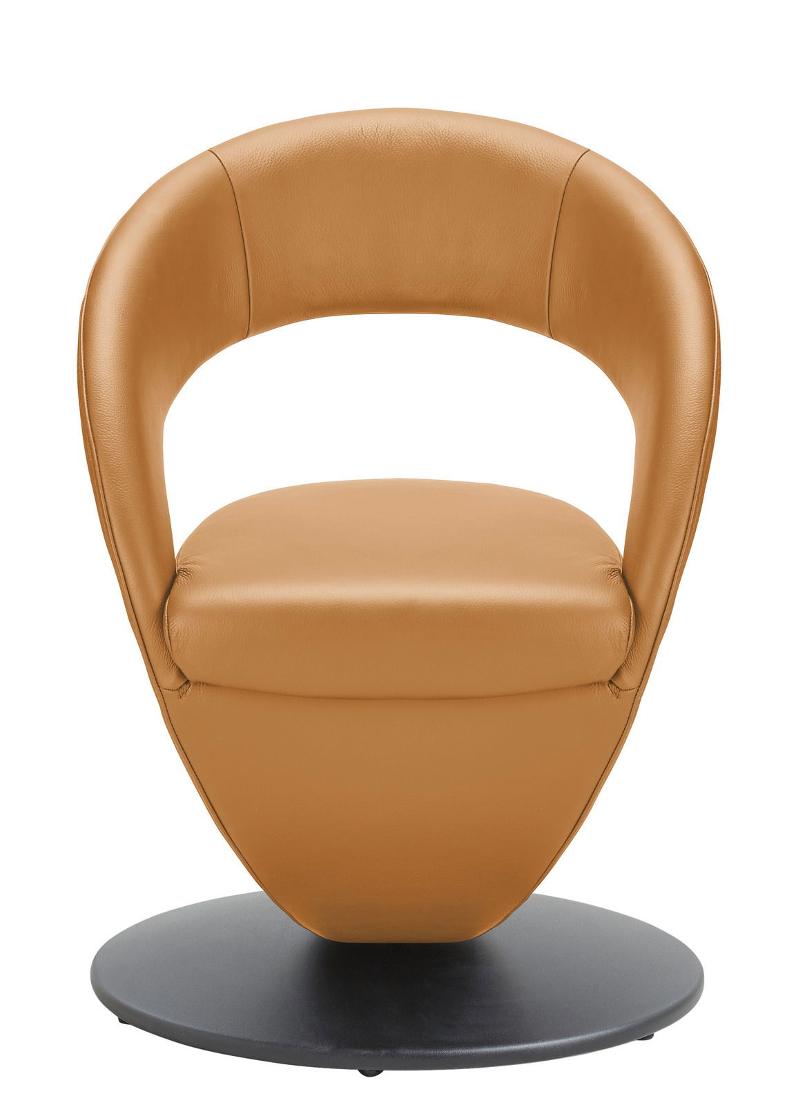 Moderner, brauner Ledersessel mit runder Rückenlehne und schwarzem Sockel, Frontalansicht.
