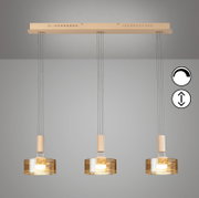 Moderne 3-flammige Pendelleuchte mit drei zylindrischen, amberfarbenen Glasschirmen und beigem Baldachin, frontal von unten an der Decke hängend