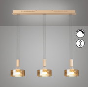 Moderne hanglamp met drie lampen, voorzien van drie cilindervormige, amberkleurige glazen kappen en een beige kap, die vanaf de voorkant onderaan aan het plafond hangt