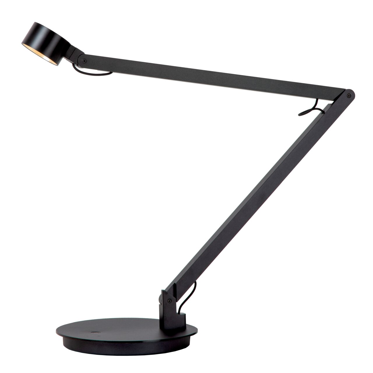 Moderne schwarze Tisch- und Schreibtischleuchte mit verstellbarem Arm, seitliche Ansicht