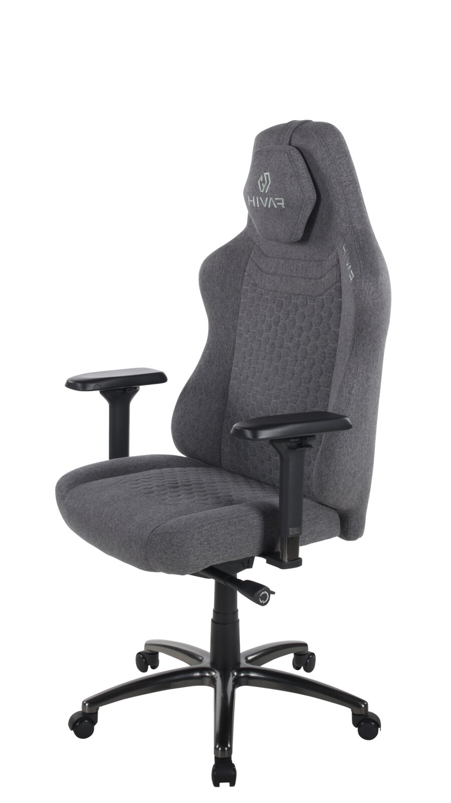 Grauer Gaming-Stuhl mit ergonomischem Design, verstellbaren Armlehnen und stabiler Basis, seitliche Perspektive