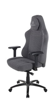 Grauer Gaming-Stuhl mit ergonomischem Design, verstellbaren Armlehnen und stabiler Basis, seitliche Perspektive