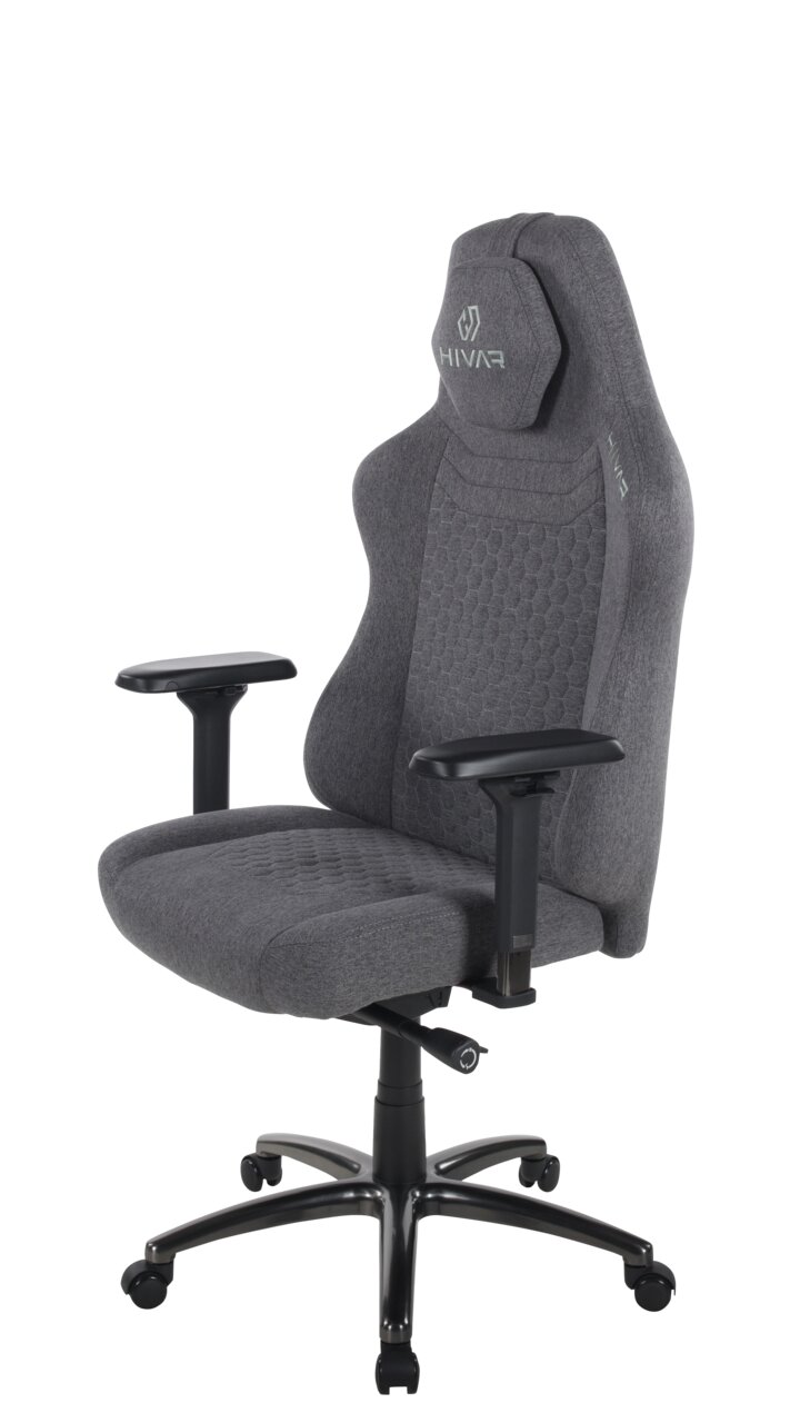 Grauer Gaming-Stuhl mit ergonomischem Design, verstellbaren Armlehnen und stabiler Basis, seitliche Perspektive