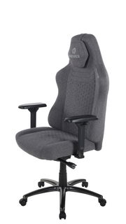 Grauer Gaming-Stuhl mit ergonomischem Design, verstellbaren Armlehnen und stabiler Basis, seitliche Perspektive