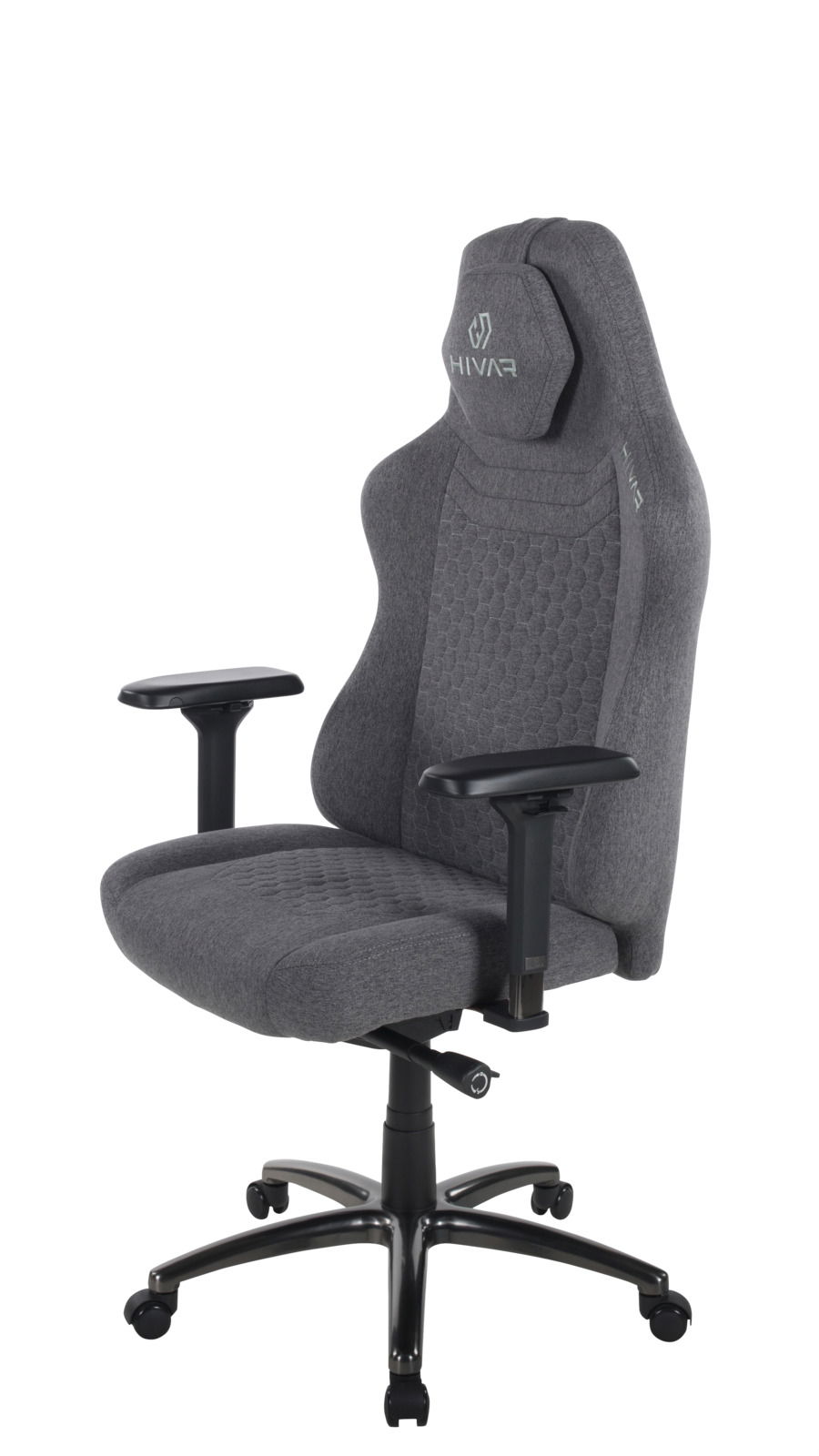 Grauer Gaming-Stuhl mit ergonomischem Design, verstellbaren Armlehnen und stabiler Basis, seitliche Perspektive
