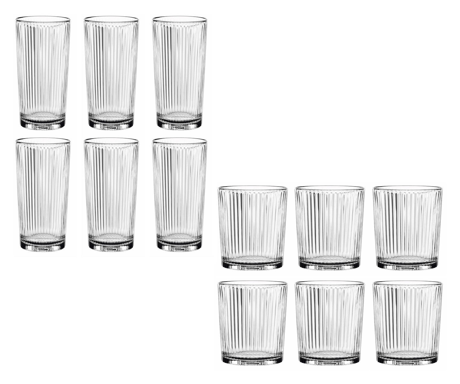 Nachtmann Becherset 12-tlg. APERITIVO Set aus zwölf gerippten Gläsern, sechs hohe und sechs niedrige, auf weißem Hintergrund, seitliche Perspektive.