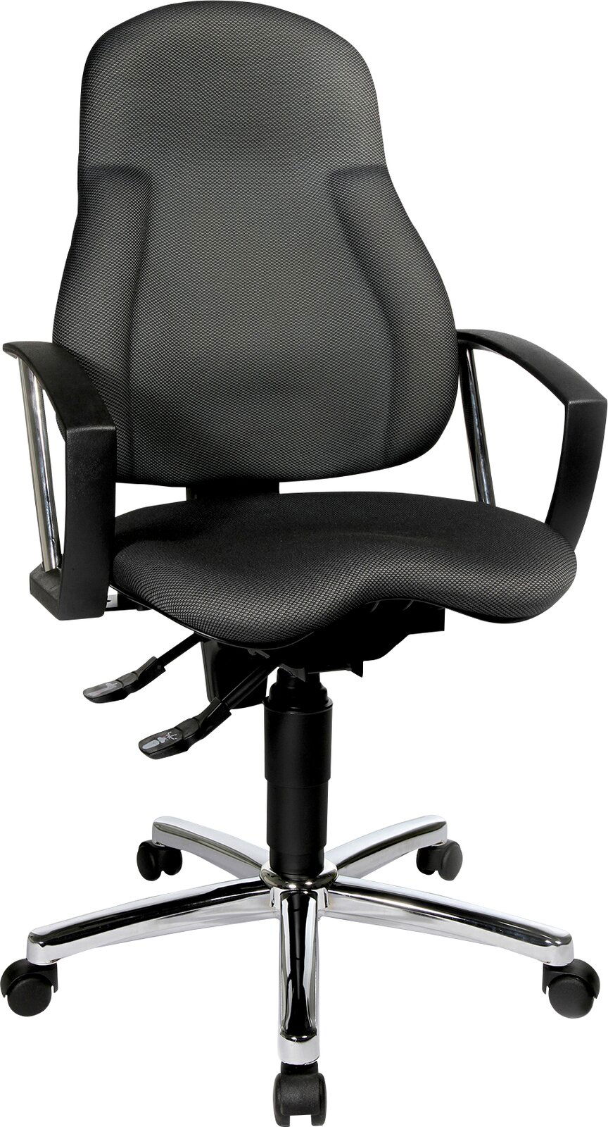 Schwarzer Drehstuhl mit Armlehnen und verchromtem Fußkreuz, Vorderansicht