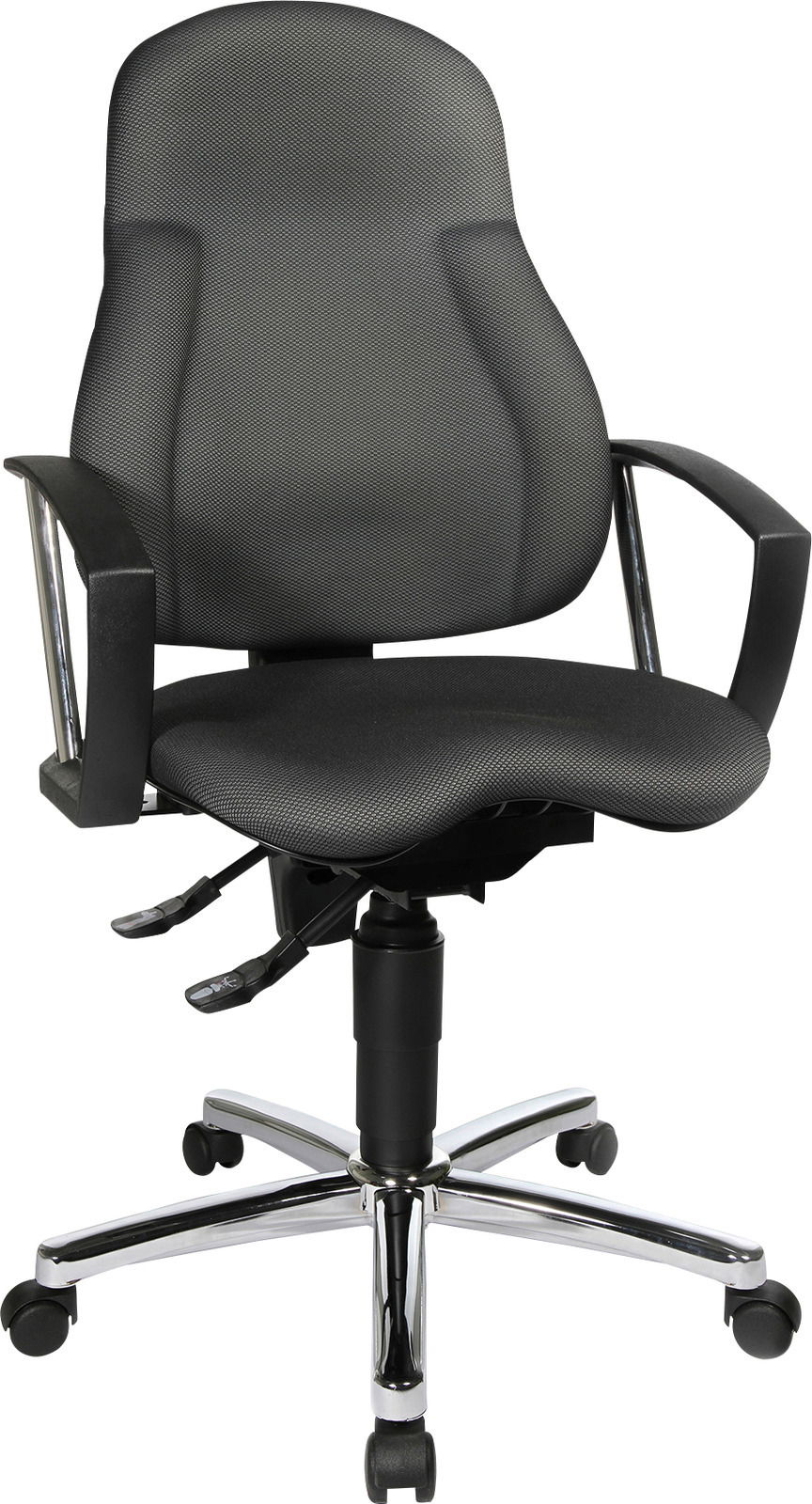 Schwarzer Drehstuhl mit Armlehnen und verchromtem Fußkreuz, Vorderansicht