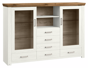 Helles Highboard mit zwei Glastüren, vier Schubladen und offenen Regalfächern, Frontansicht