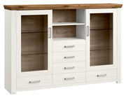 Helles Highboard mit zwei Glastüren, vier Schubladen und offenen Regalfächern, Frontansicht