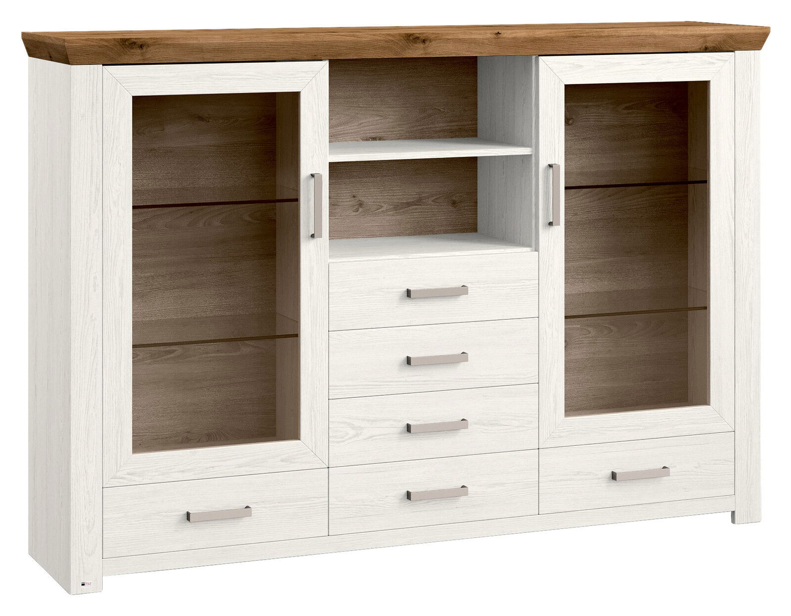 Set one by Musterring Highboard SET ONE YORK Helles Highboard mit zwei Glastüren, vier Schubladen und offenen Regalfächern, Frontansicht