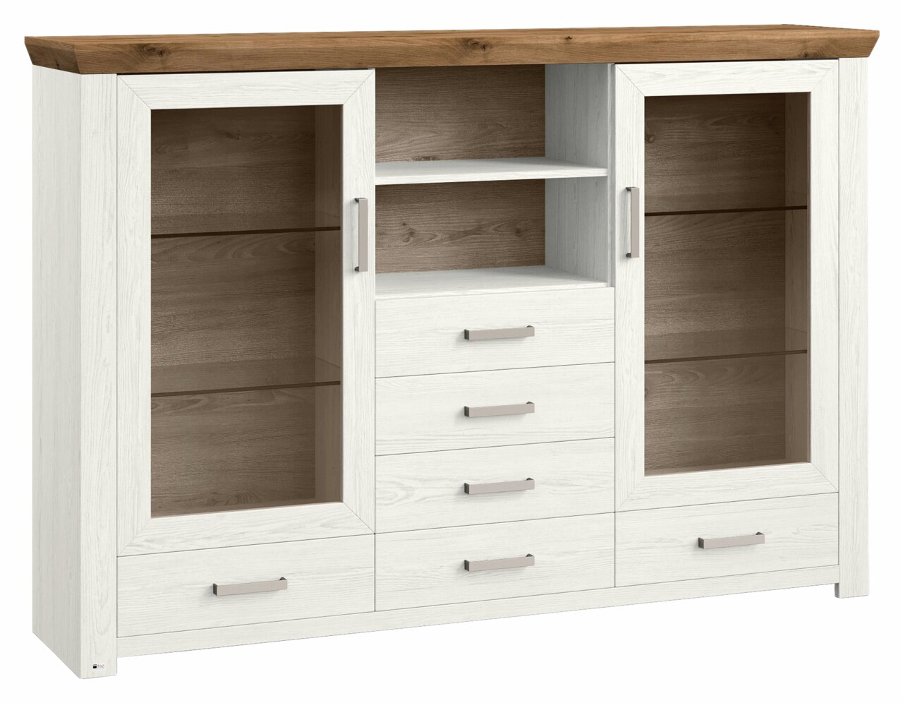 Set one by Musterring Highboard SET ONE YORK Helles Highboard mit zwei Glastüren, vier Schubladen und offenen Regalfächern, Frontansicht