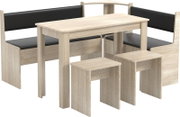 Essgruppe mit rechteckigem Holztisch in heller Eichenoptik, zwei Eckbänken mit schwarzen Sitz- und Rückenpolstern sowie zwei passenden Hockern, freigestellt auf Weiß, Ansicht schräg von vorn
