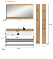 Bemaßte Produktansicht: Wandspiegel mit Holzrahmen (ca. 110 x 60 x 6 cm) sowie Schuhschrank/Schuhkipper in Weiß mit Holzablage (ca. 110 x 61 x 32 cm) und zwei Garderobenpaneele aus Holz (je ca. 160 x 16 x 6 cm) mit Haken, dargestellt in Frontansicht und S