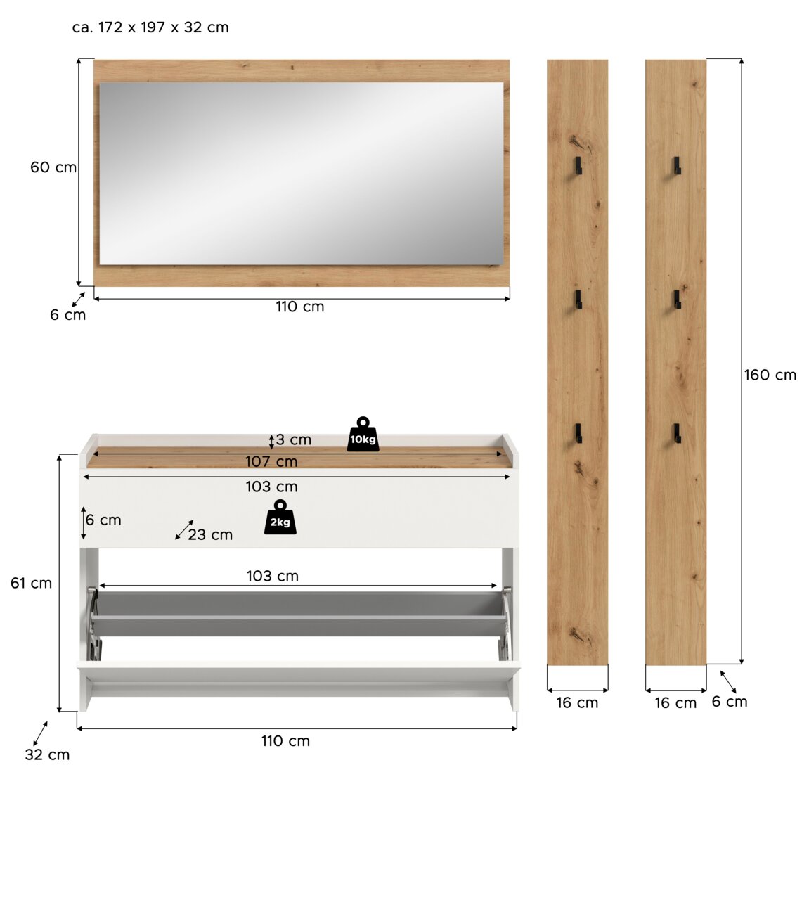 Bemaßte Produktansicht: Wandspiegel mit Holzrahmen (ca. 110 x 60 x 6 cm) sowie Schuhschrank/Schuhkipper in Weiß mit Holzablage (ca. 110 x 61 x 32 cm) und zwei Garderobenpaneele aus Holz (je ca. 160 x 16 x 6 cm) mit Haken, dargestellt in Frontansicht und S