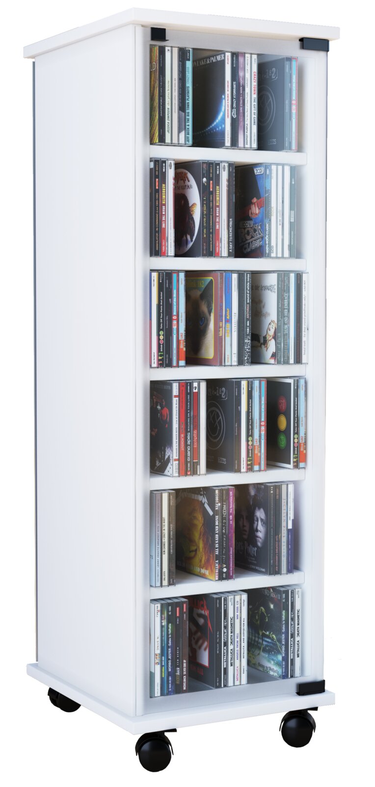 Weißes CD/DVD-Regal mit mehreren Fächern und Rollen, gefüllt mit CDs, freigestellt auf weißem Hintergrund Perspektive: leicht schräg von vorne.
