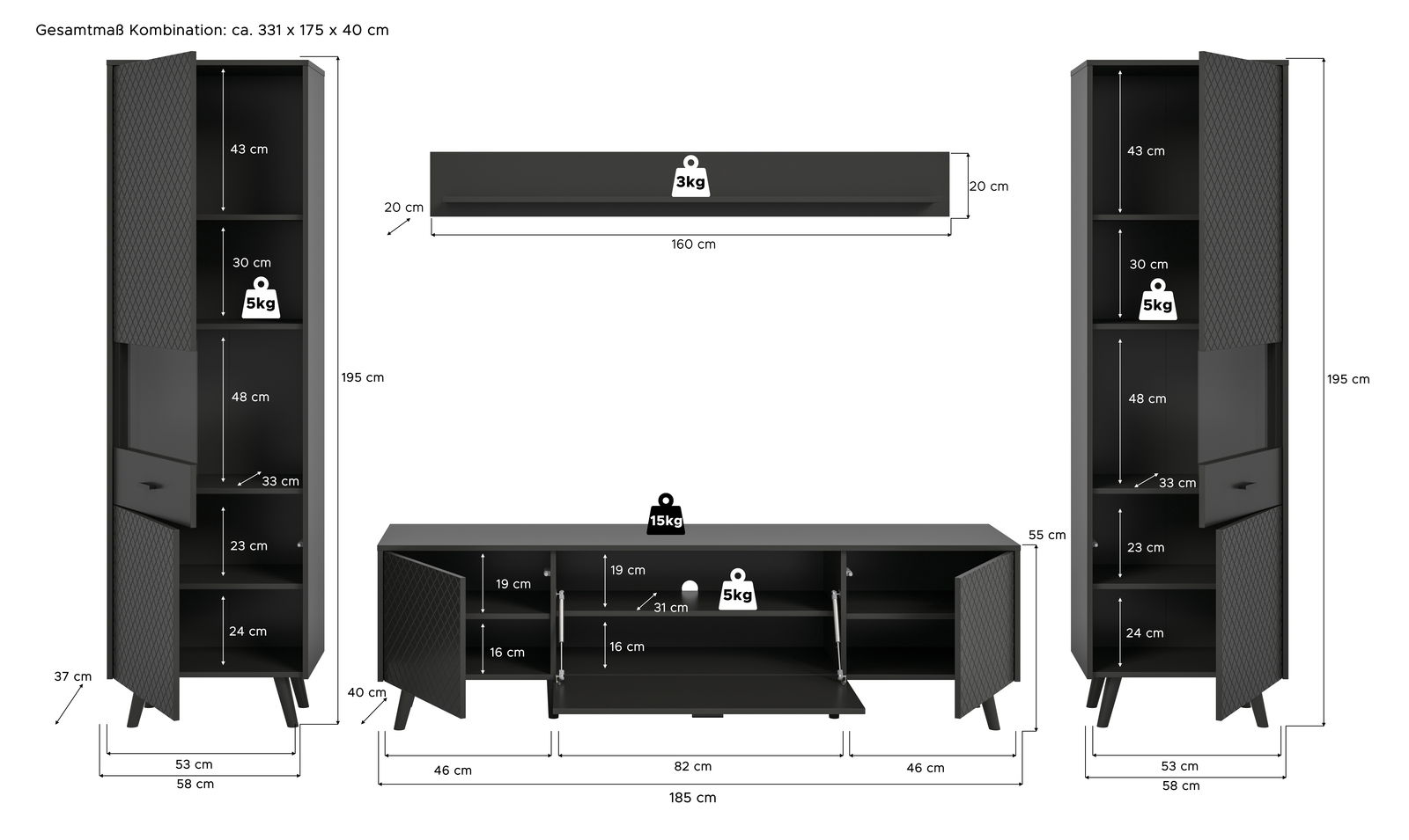Wohnkombination in schwarzem Design, bestehend aus zwei hohen Schränken und einem niedrigen TV-Schrank, mit verschiedenen Fächern und Türen, Gesamtansicht von vorne.