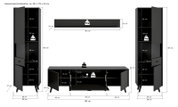 Wohnkombination in schwarzem Design, bestehend aus zwei hohen Schränken und einem niedrigen TV-Schrank, mit verschiedenen Fächern und Türen, Gesamtansicht von vorne.