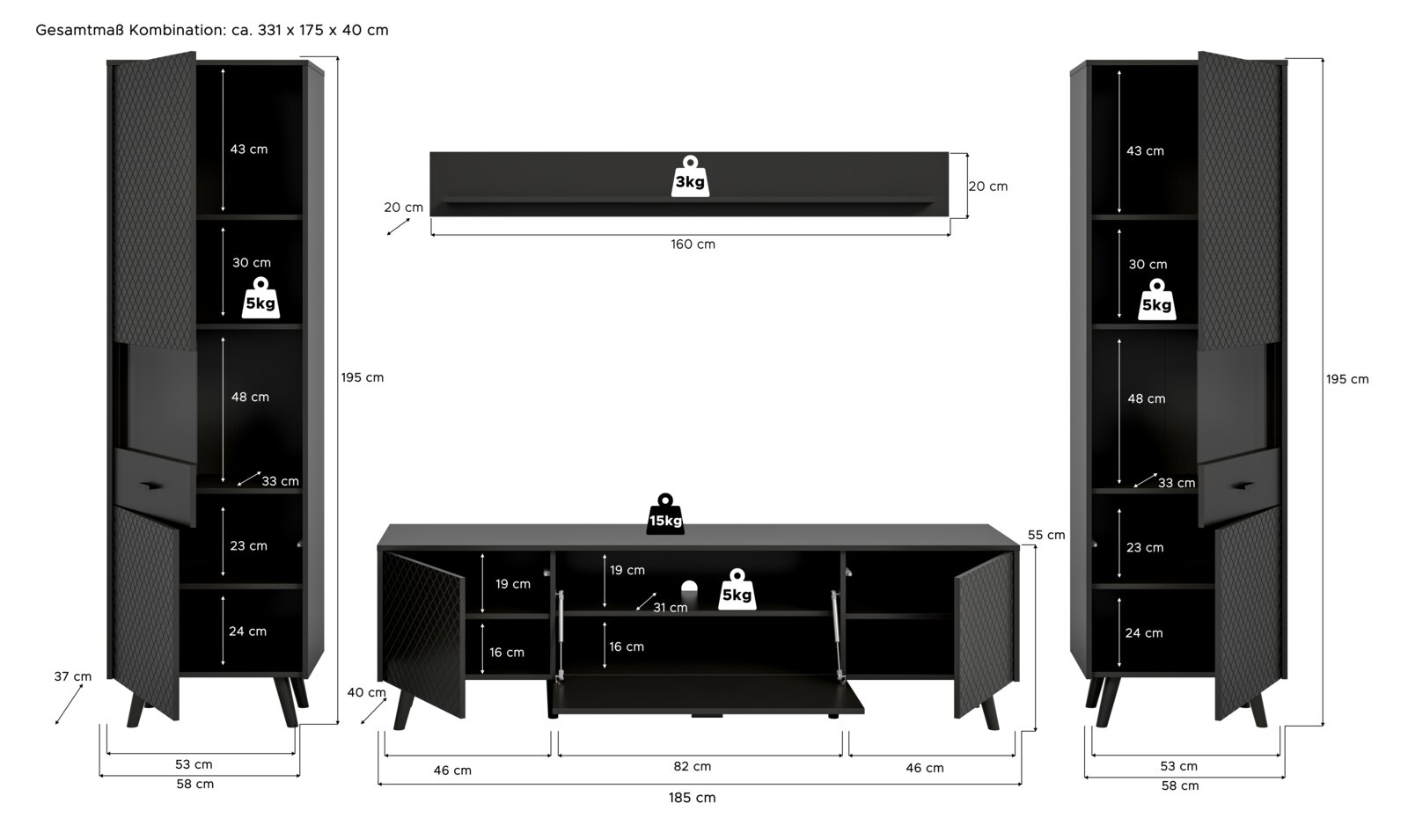 Wohnkombination in schwarzem Design, bestehend aus zwei hohen Schränken und einem niedrigen TV-Schrank, mit verschiedenen Fächern und Türen, Gesamtansicht von vorne.