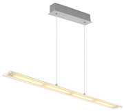 Moderne LED-Hängeleuchte in rechteckiger Form, seitliche Perspektive, mit warmweißem Licht und silbernem Gehäuse.