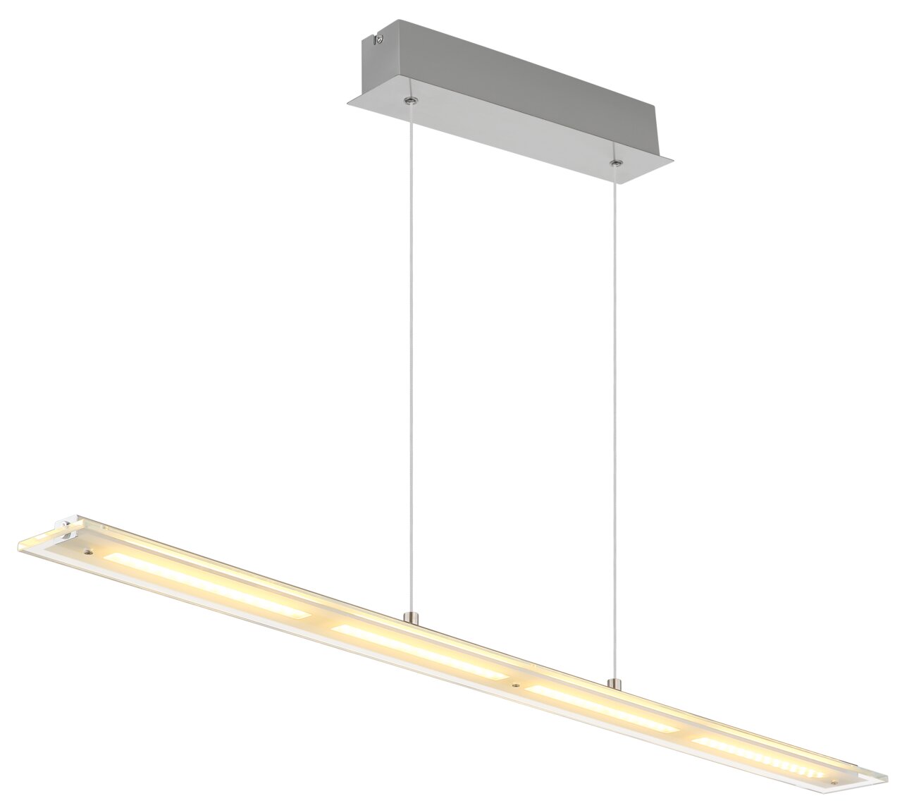 Moderne LED-hanglamp in rechthoekige vorm, gezien vanaf de zijkant, met warmwit licht en een zilveren behuizing.