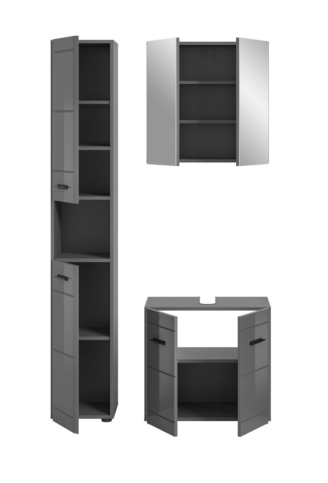 Dreiteilige Badkombination in grauem Design, bestehend aus einem hohen Schrank, einem Spiegelschrank und einem Unterschrank, frontal betrachtet.