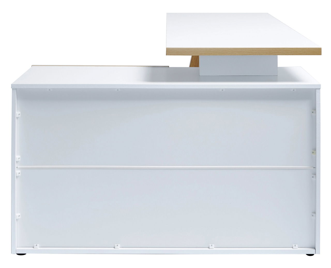 Eck-Schreibtisch in Weiß mit Holzdetails, Ansicht von hinten