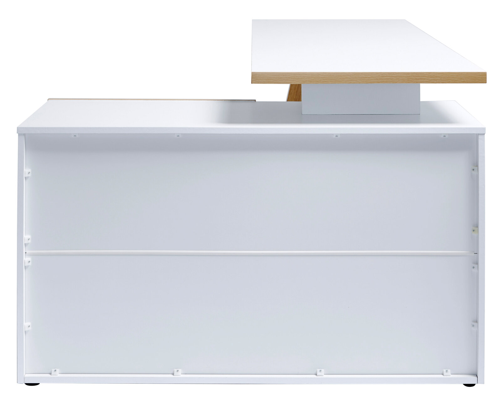 Eck-Schreibtisch in Weiß mit Holzdetails, Ansicht von hinten