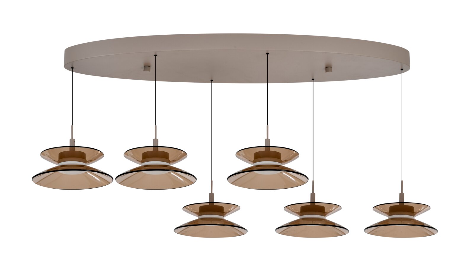 Moderne hanglamp met zes amberkleurige glazen kappen aan een grote ovale plafondplaat, gezien van voren en licht van onderen.