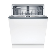 Vorderansicht eines offenen Einbaugeschirrspülers mit sichtbarem Innenraum und Bedienelementen.