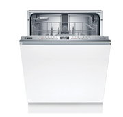 Vorderansicht eines offenen Einbaugeschirrspülers mit sichtbarem Innenraum und Bedienelementen.