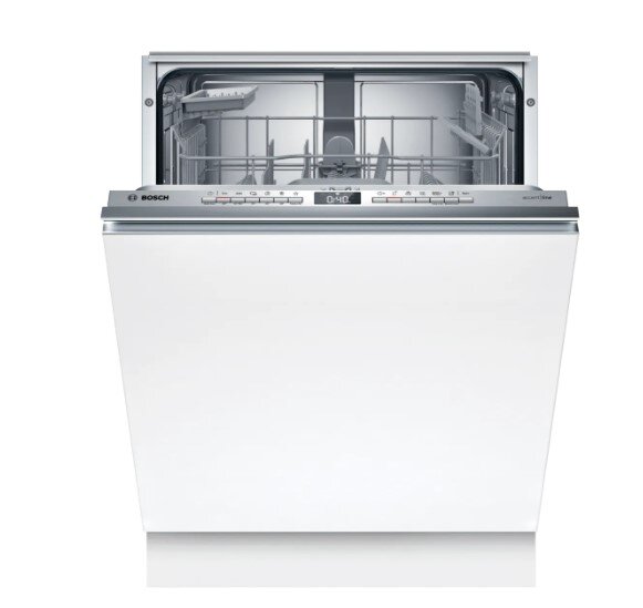 Vorderansicht eines offenen Einbaugeschirrspülers mit sichtbarem Innenraum und Bedienelementen.