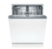 Vorderansicht eines offenen Einbaugeschirrspülers mit sichtbarem Innenraum und Bedienelementen.