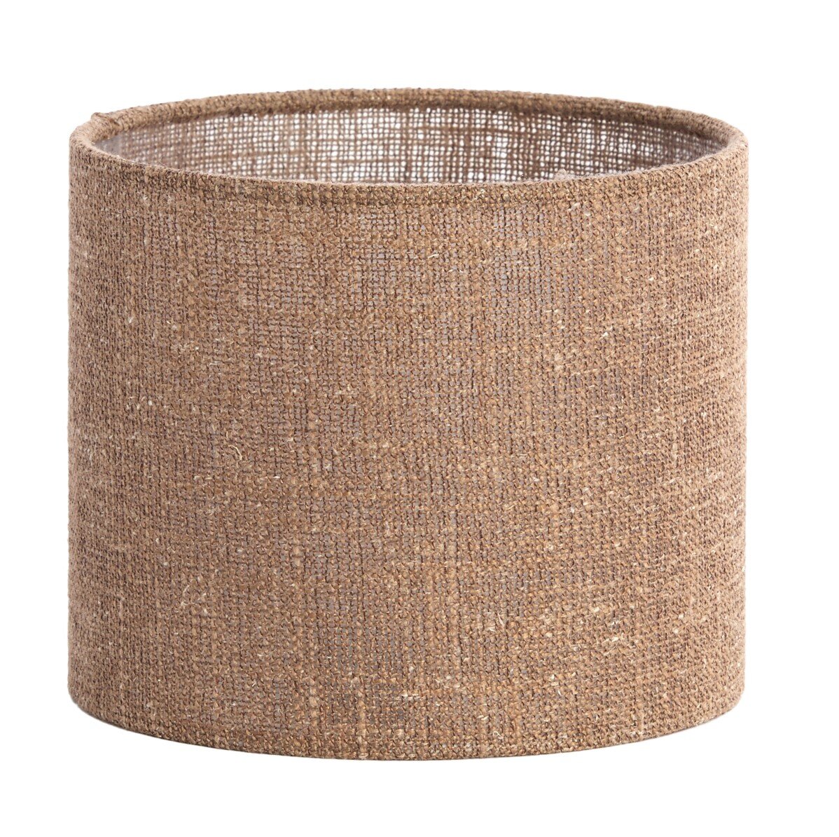 Zylindrischer Lampenschirm aus braunem Stoff, seitliche Perspektive