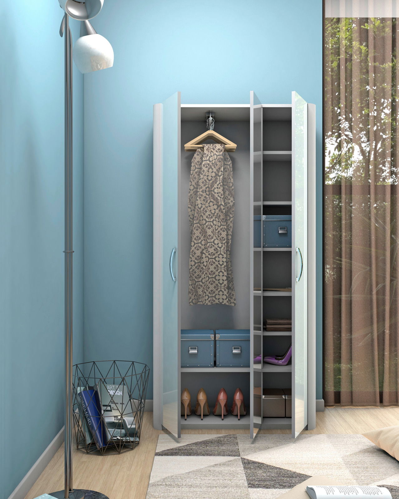 Moderano Mehrzweckschrank MILANO Mehrzweckschrank mit offenen Türen, zeigt Innenfächer mit Schuhen, Boxen und einem hängenden Kleidungsstück. Perspektive von vorne.