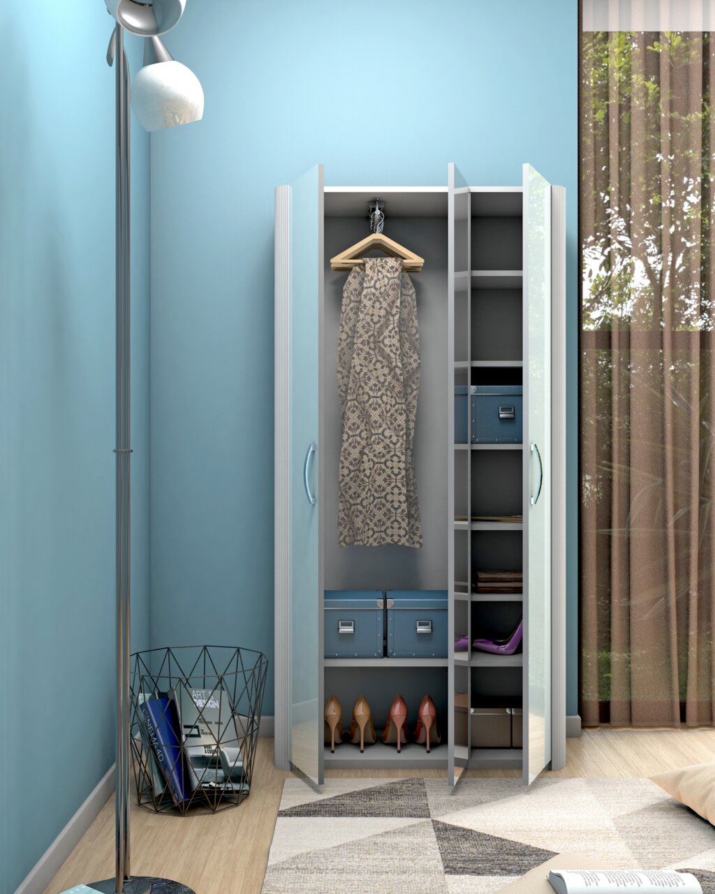 Mehrzweckschrank mit offenen Türen, zeigt Innenfächer mit Schuhen, Boxen und einem hängenden Kleidungsstück. Perspektive von vorne.