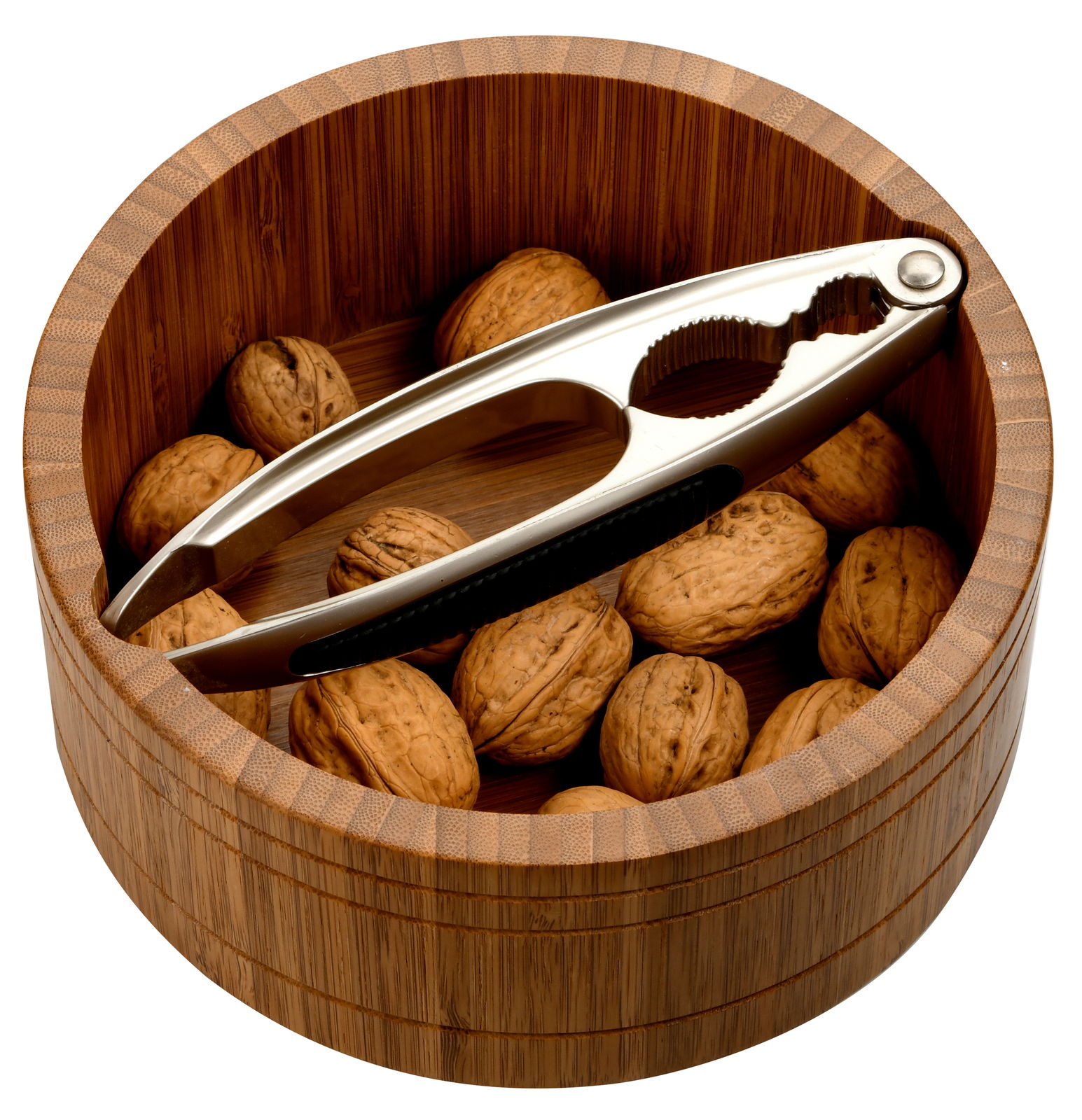 Kesper Nusschale Runde Nussschale aus dunklem Bambus, gefüllt mit Walnüssen und einem Nussknacker, aus der Vogelperspektive.
