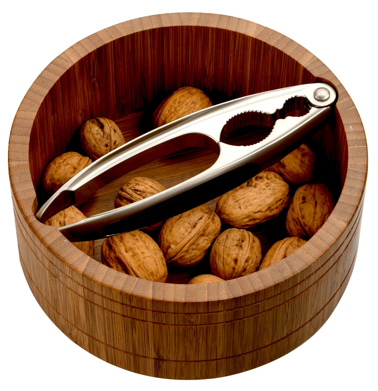Kesper Nussschale Runde Nussschale aus dunklem Bambus, gefüllt mit Walnüssen und einem Nussknacker, aus der Vogelperspektive.