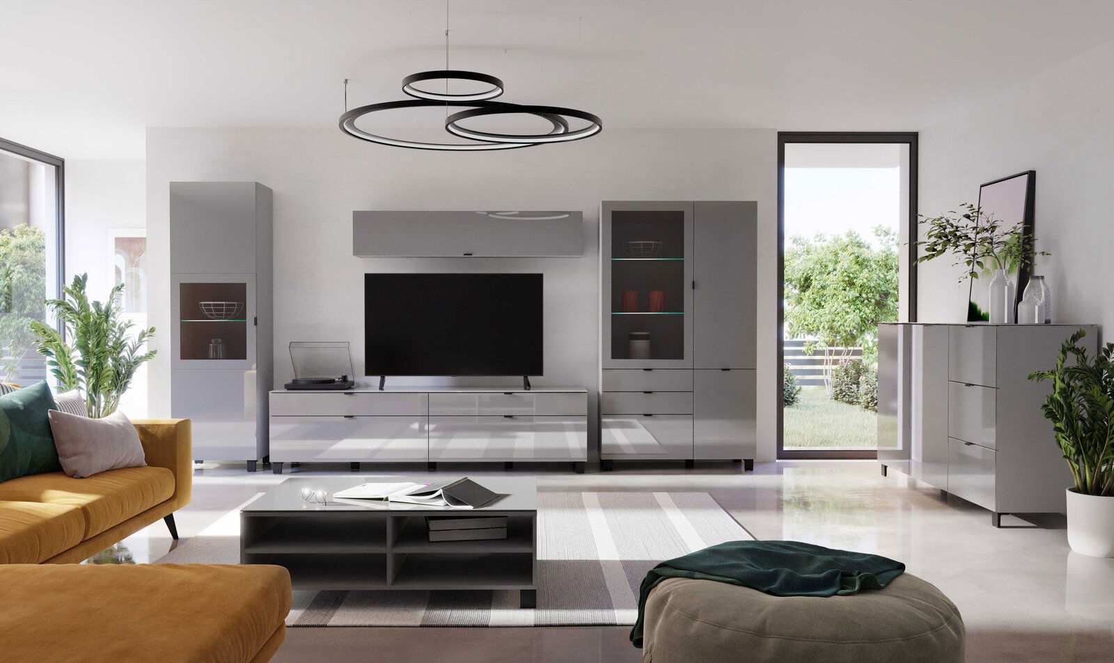 Modernes Wohnzimmer mit grauem TV-Lowboard, Hängeschrank und Vitrine, seitliche Perspektive.