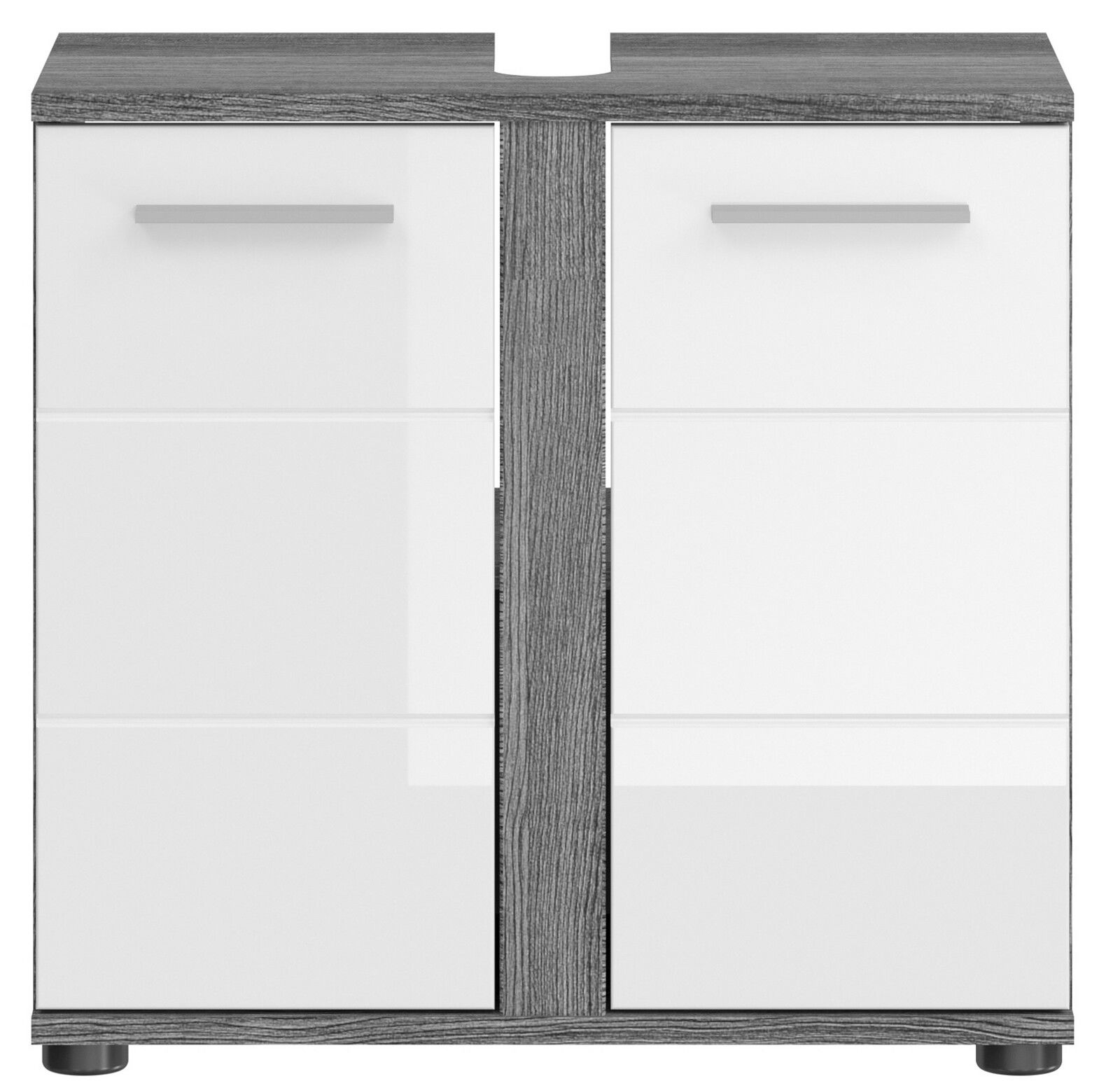 Frontansicht einer modernen Badkombination mit zwei weißen Türen und grauem Holzrahmen.