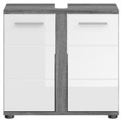 Frontansicht einer modernen Badkombination mit zwei weißen Türen und grauem Holzrahmen.