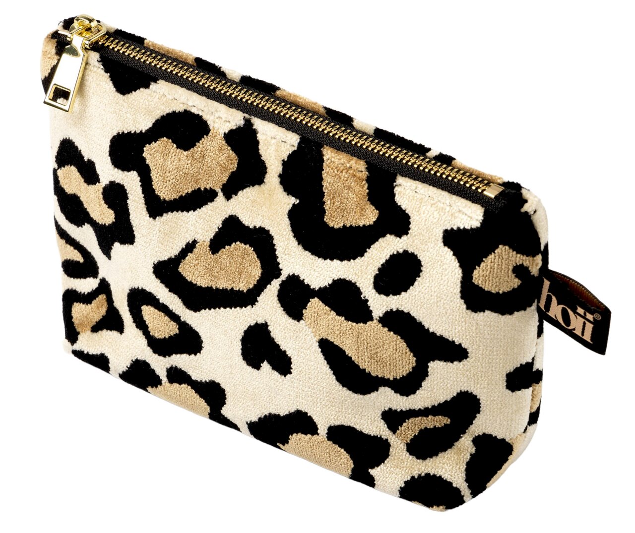 Kosmetiktasche mit Leopardenmuster, seitliche Perspektive