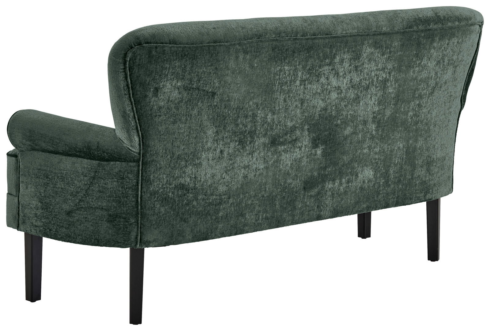Rückansicht einer grünen Sitzbank mit Samtbezug und schwarzen Beinen