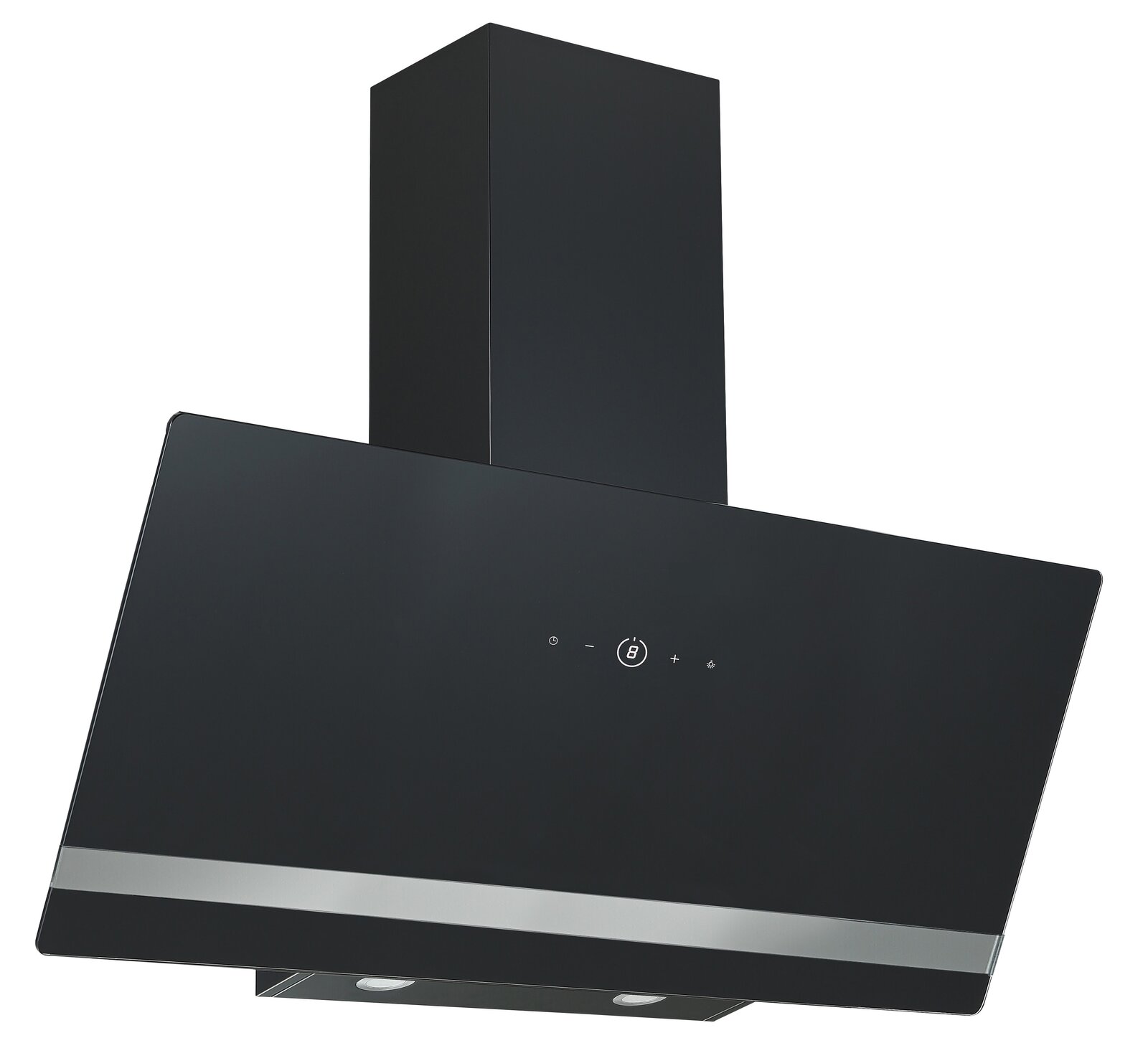 Moderne schwarze Dunstabzugshaube mit schrägem Design, Frontansicht