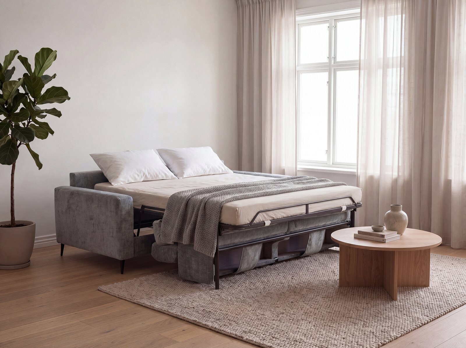 Grijze slaapbank met uitklapbaar metalen bedframe en matras in lichte woonkamer, schuin van voren gefotografeerd.