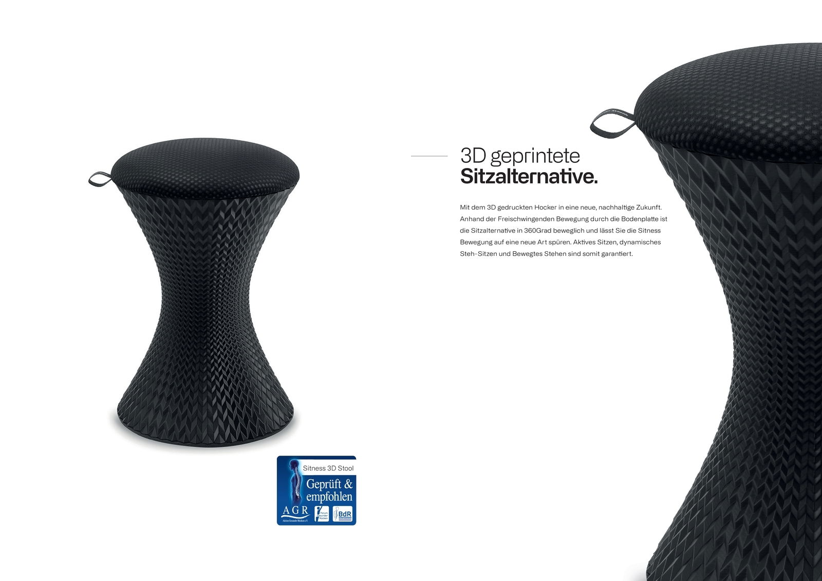 Schwarzer, 3D-gedruckter Gaming Hocker mit strukturierter Oberfläche, seitliche Perspektive