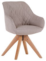 Beiger Armlehnstuhl mit gepolsterter Sitzfläche und Rückenlehne, auf einem hölzernen Vierbein-Gestell. Seitenansicht.